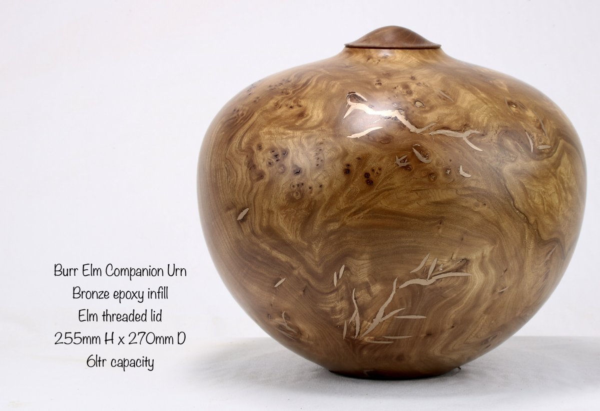 Burr Elm Companion urn with an Elm Lid and Bronze epoxy.